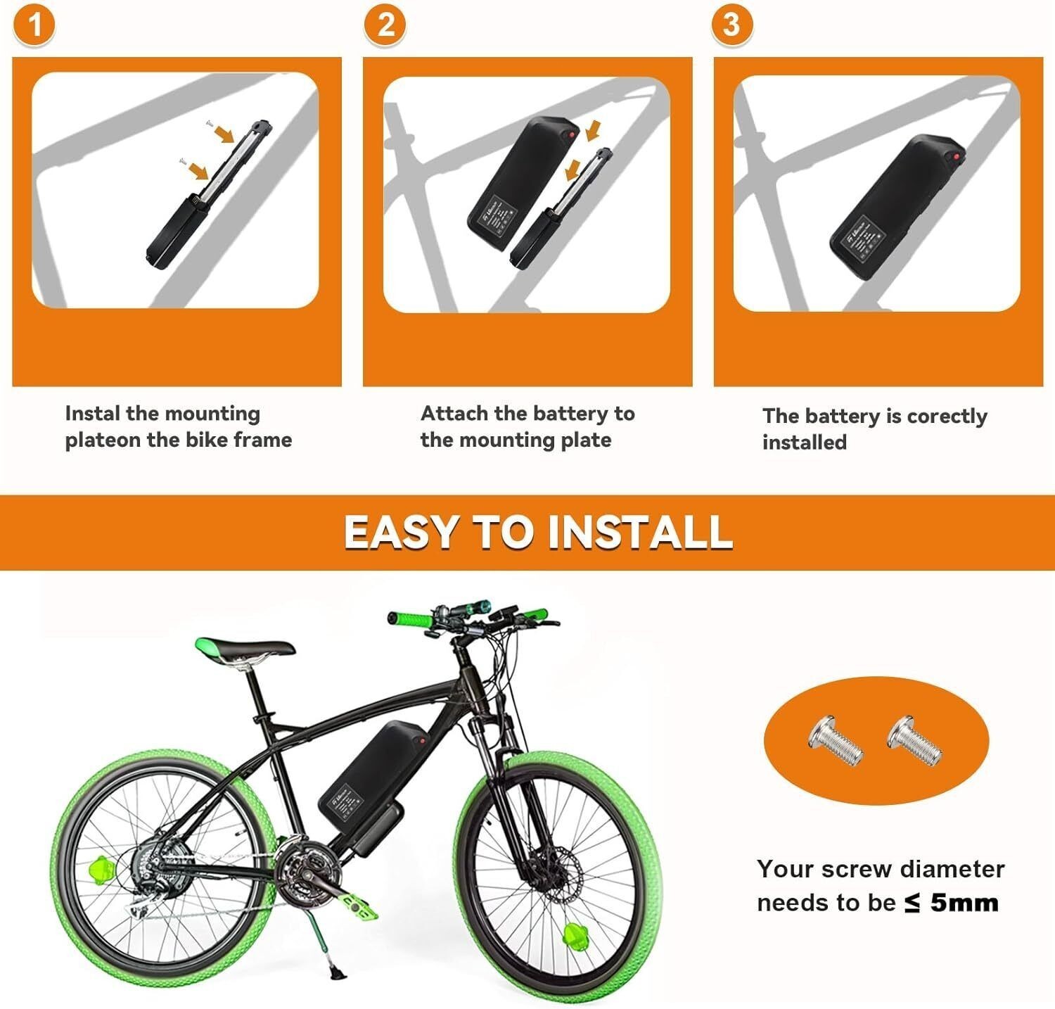 48V 15Ah Ebike Battery for ≤1500W Motor Electric Bike Lithium Battery Lockable