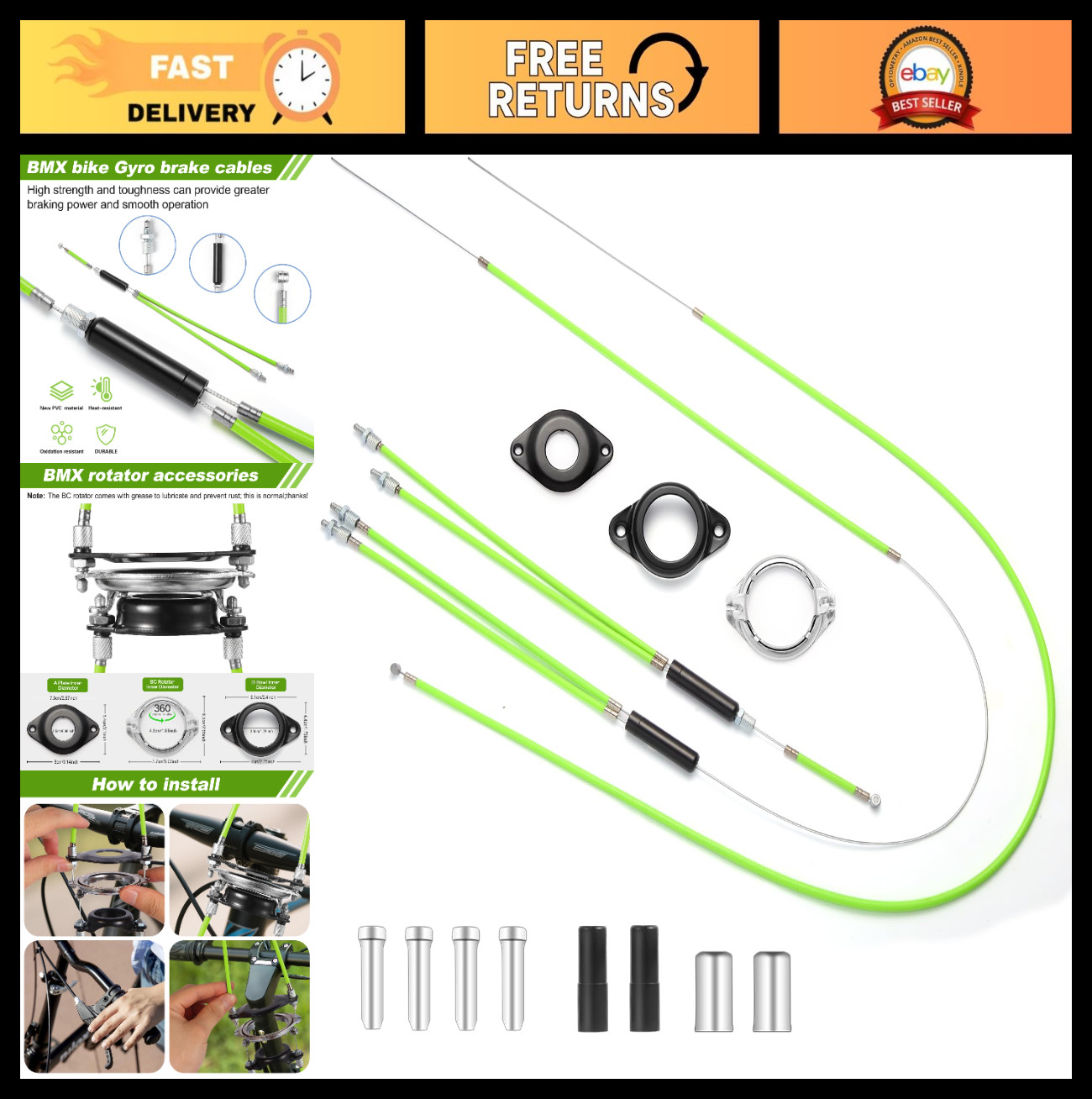 BMX Bike Gyro Brake Cable Set Front & Rear with Spinner Rotor – 20″ Bicycle Part