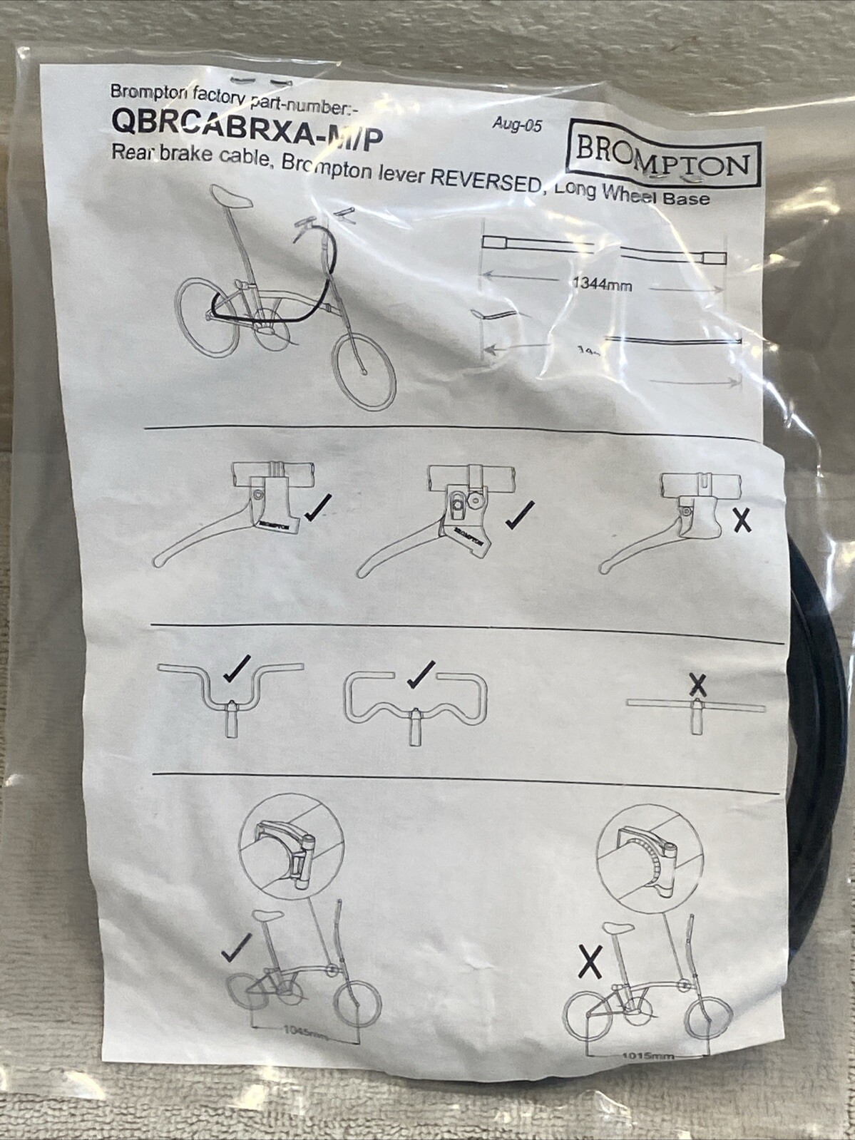 Brompton Rear brake cable for Brompton lever Right Rear, long wheel base