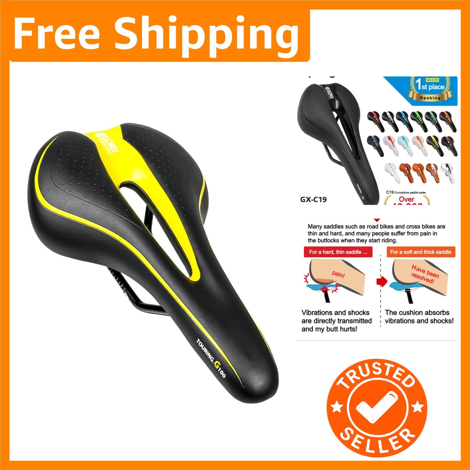 Stylish Black and Yellow Bike Saddle with Foam Cushion – Optimal Comfort for All