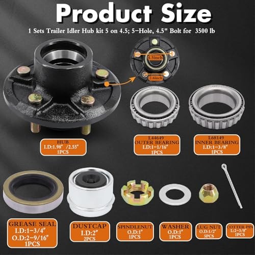 5-Lug Trailer Idler Hub Kits for 3500 lb Axles (5 on 4.5) | Compatible 1 Sets