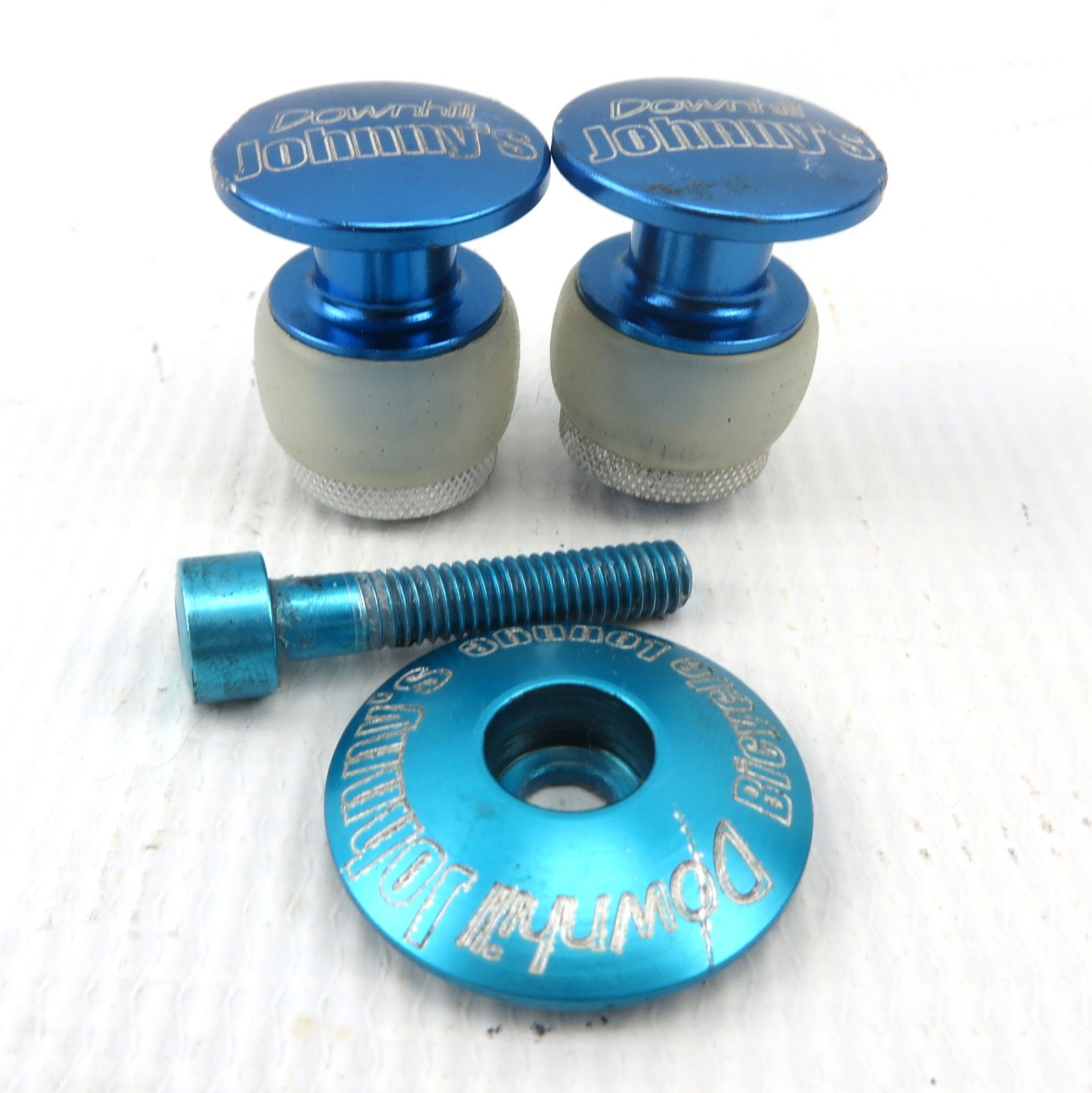 DOWNHILL JOHNNY’S BRANDED BAR TAPE ENDS/STEM CAP Blue Aluminum Anodized