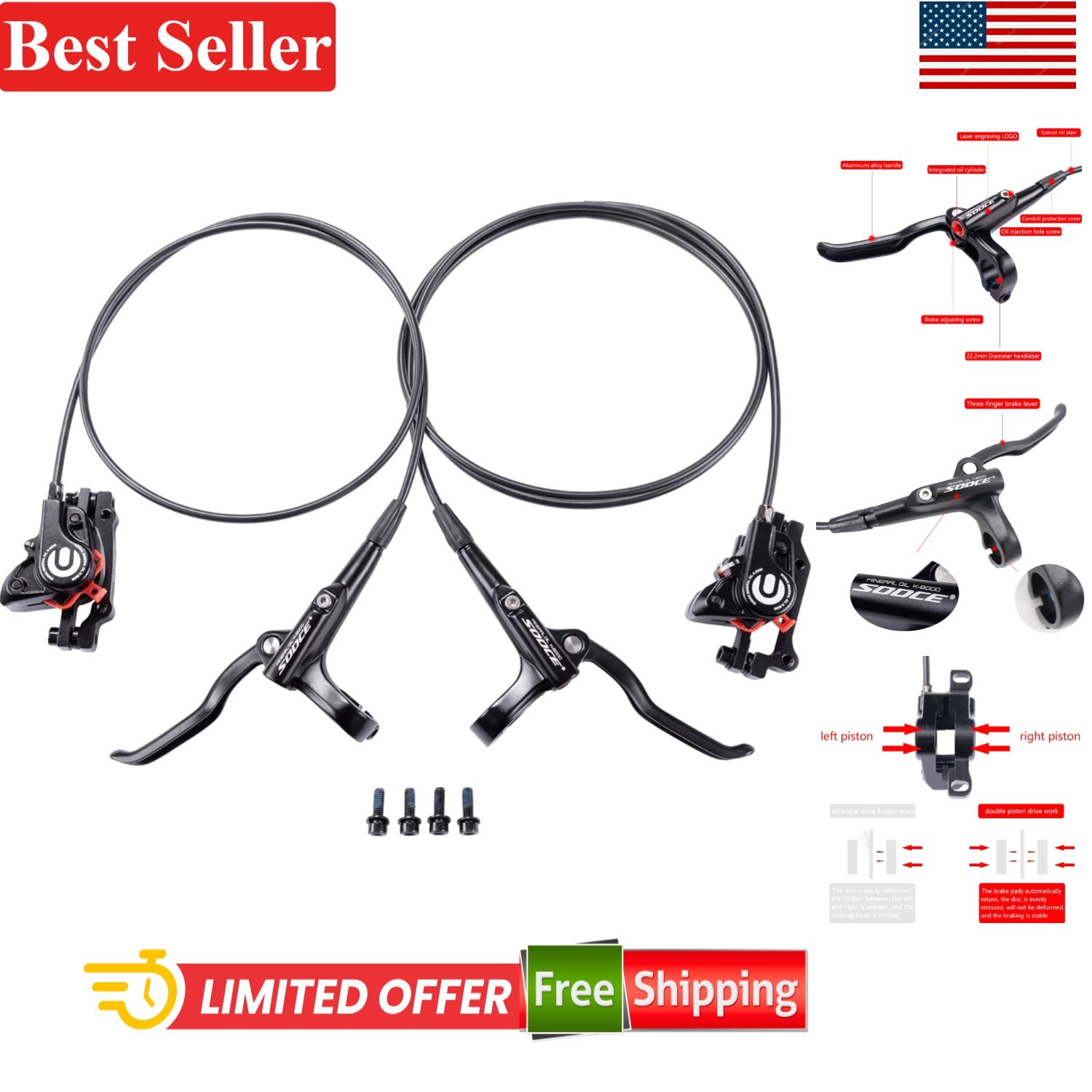 Hydraulic Disc Brake Set for Mountain Bike Left Front 1000mm Right Rear 1700mm