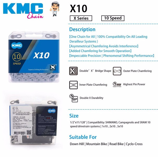 X10 KMC 10-Speed Bike Chain Mountain Bike/Road/Gravel For Shimano SRAM