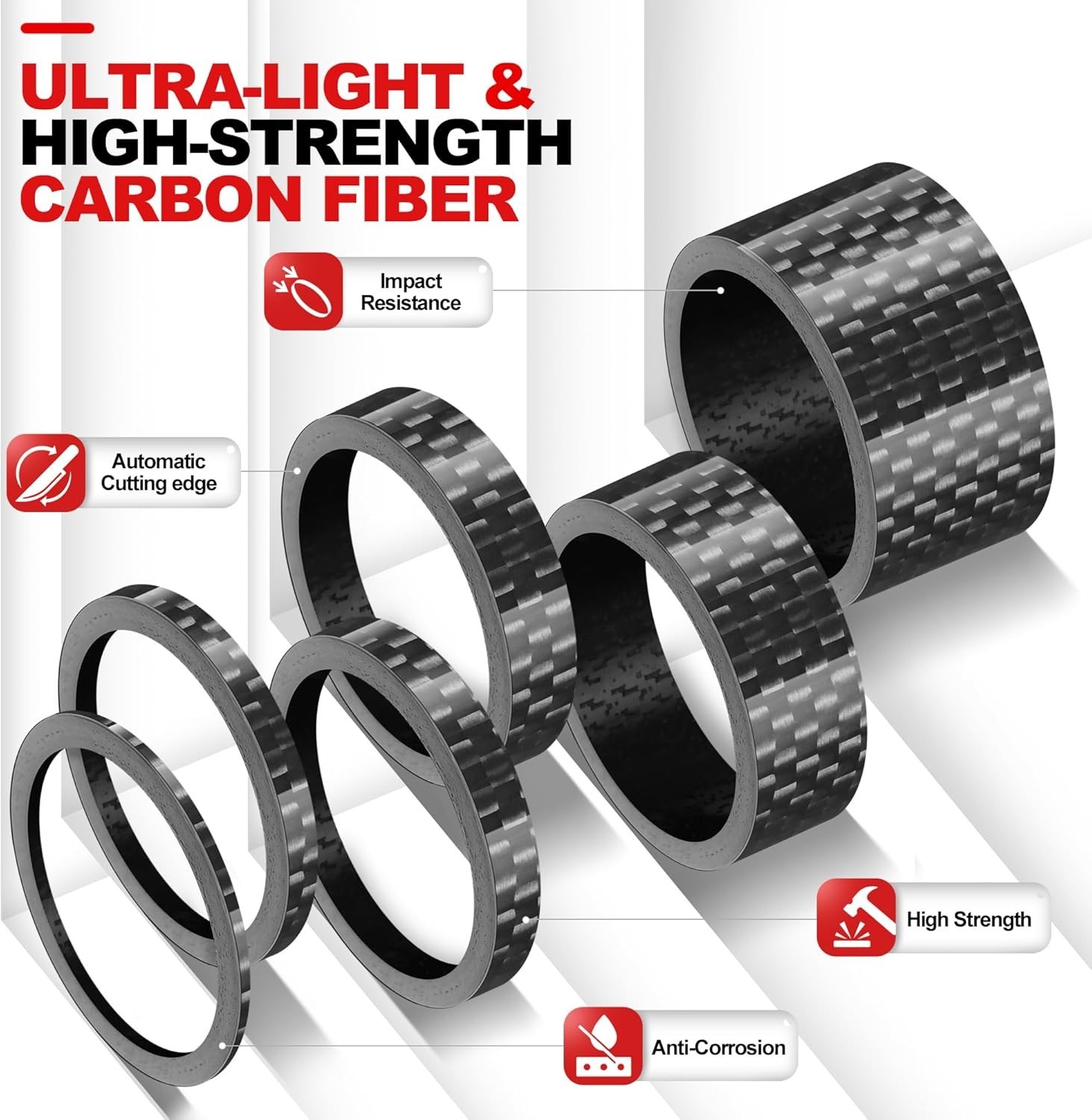 Carbon Fiber Bike Headset Spacers, 1 1/8 Inch, 12 Pack, 6 Sizes, Lightweight