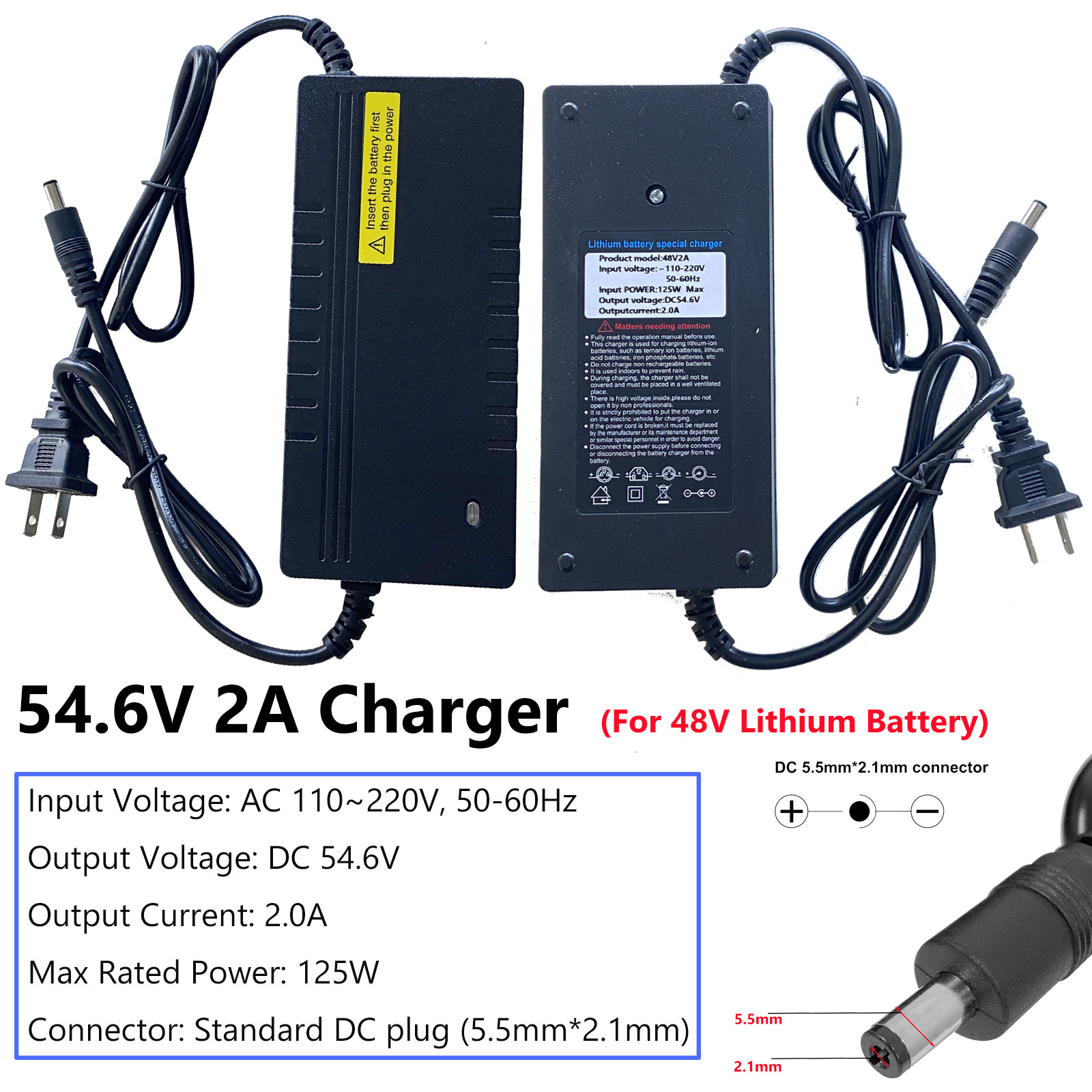 54.6V 2A Smart Charger for 48V Lithium Li-ion Battery DC 5.5×2.1mm Charger US
