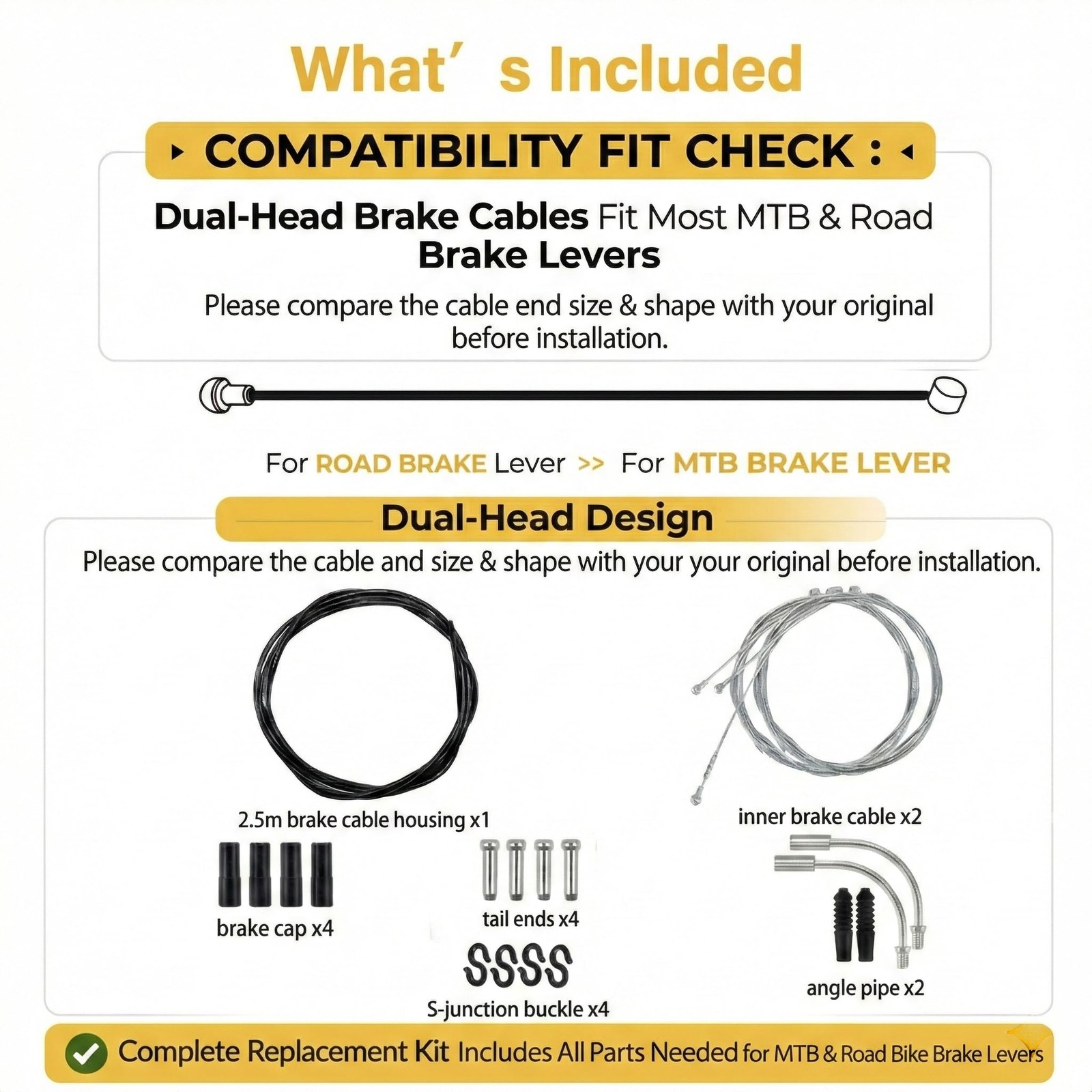 Black Bike Brake Cable Kit Front Rear with Housing Set