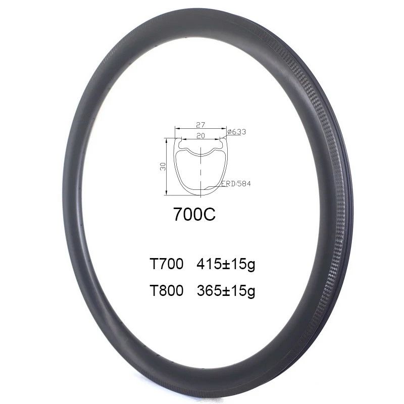 700C Tubeless Gravel Bike Carbon Rims 27*30mm UD 3K 12K Matte Glossy Rings