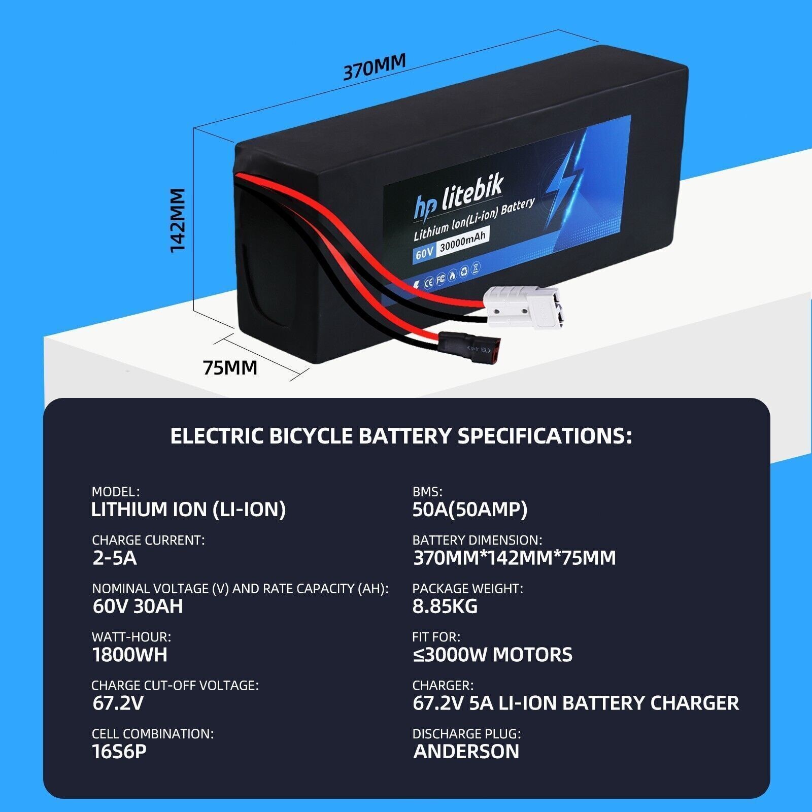 48V 52V 60V 72V 20Ah 30Ah Ebike Lithium Battery w/BMS for Electric Bike Bicycle