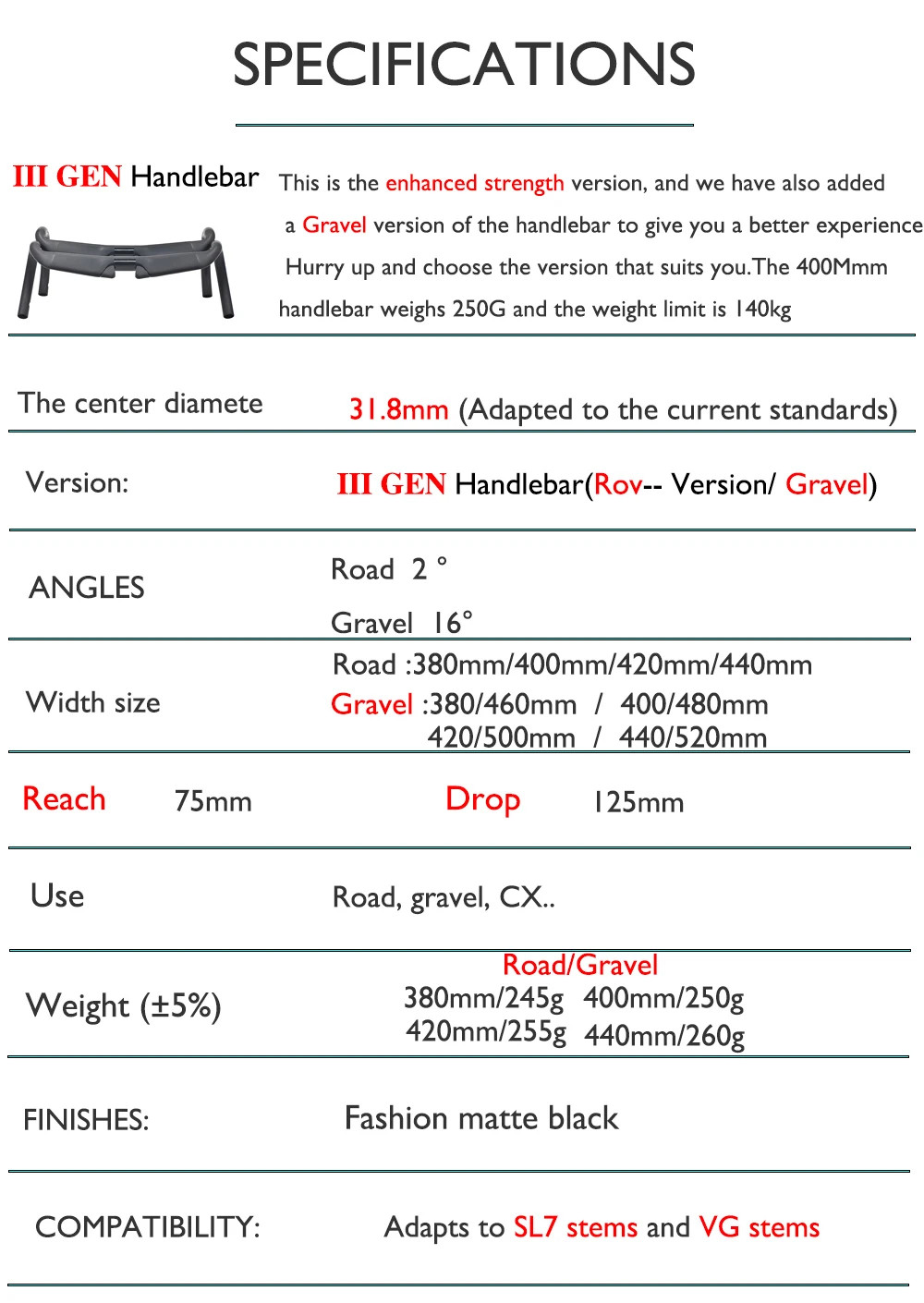 Carbon Fiber Road Gravel Cycling Handlebar Matte Black Diameter 31.8mm 380-440mm