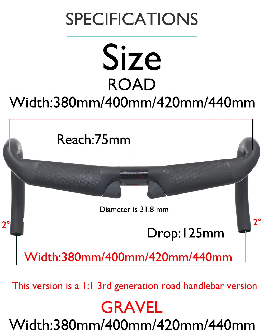 Carbon Fiber Road Gravel Cycling Handlebar Matte Black Diameter 31.8mm 380-440mm