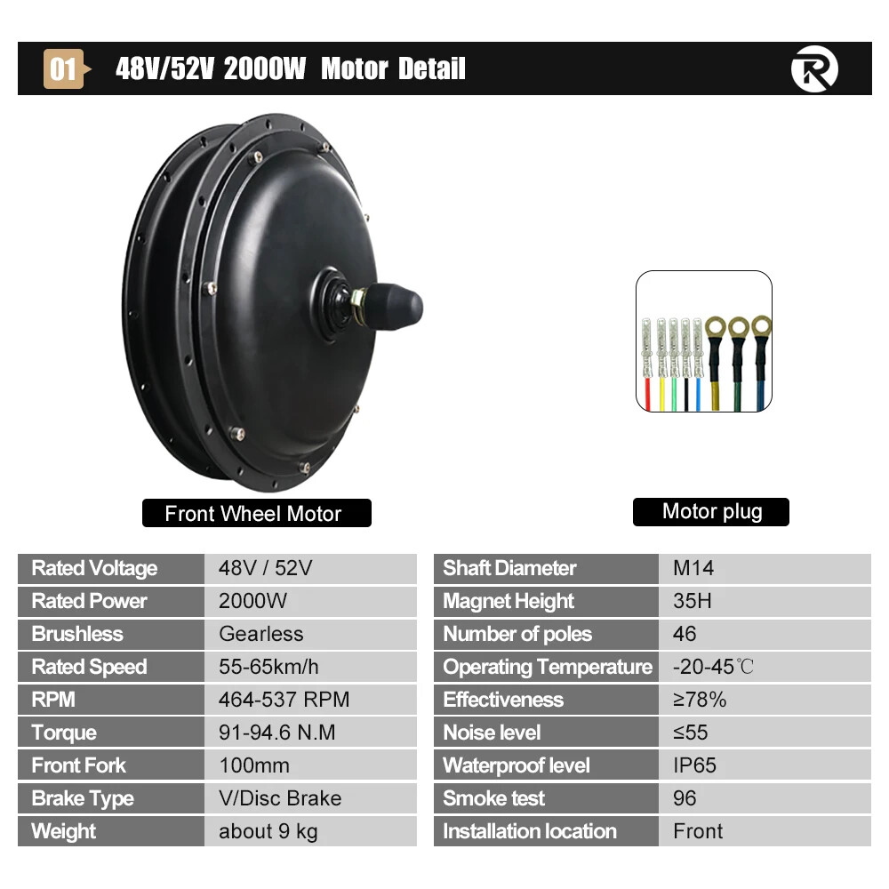 48V/52V 2000W MTB Electric Bicycle 20-29 Inch 700C Front Rear Hub Motor Wheel