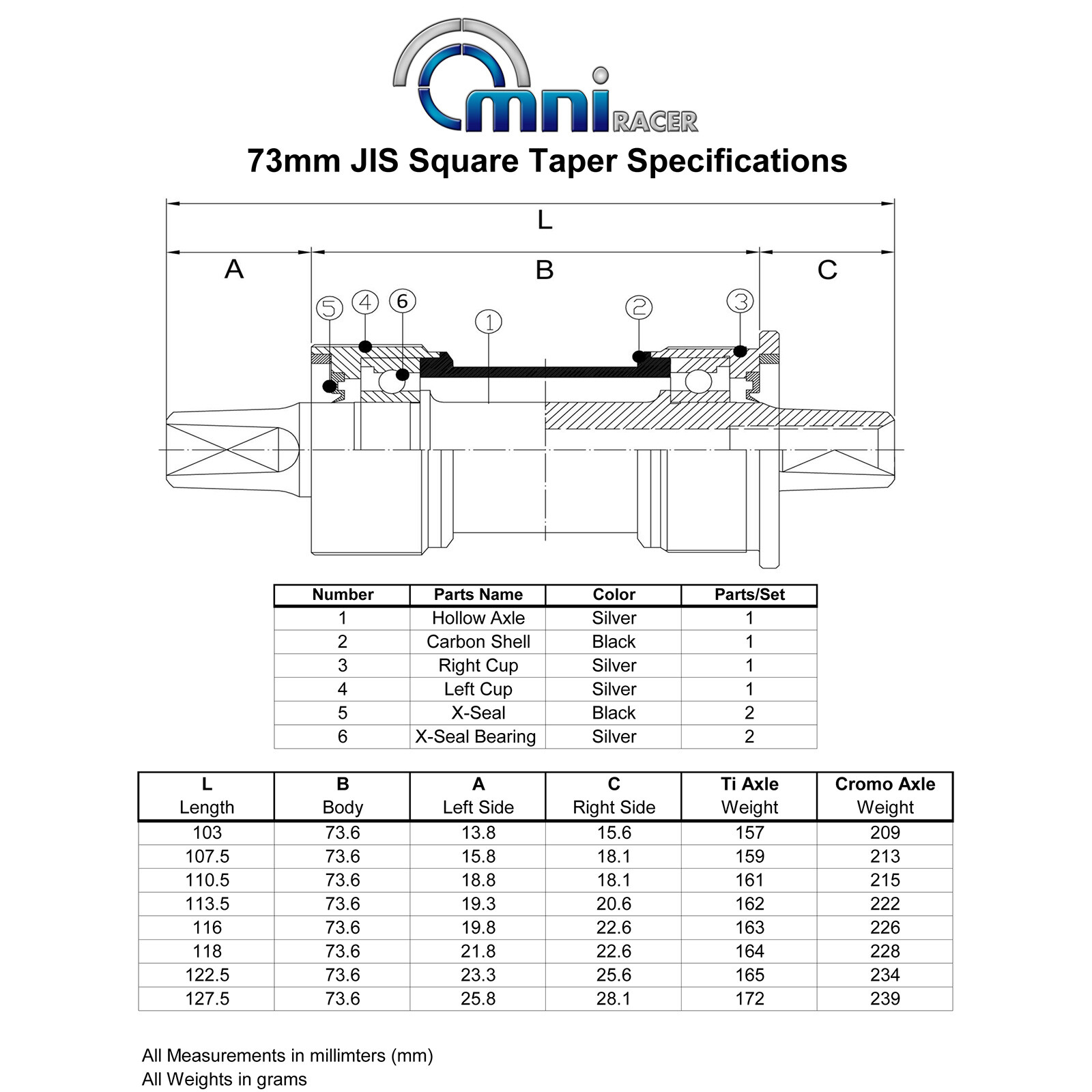 OMNI Racer Square Taper Cromo Steel Bottom Bracket JIS 2°: 73x116mm: ENGLISH