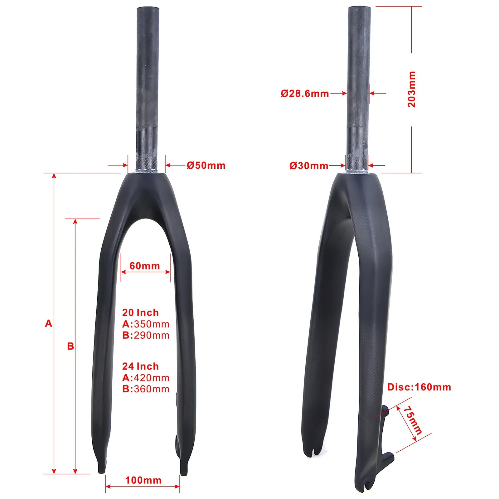 Carbon Fiber Folding MTB Front Fork 20 24er Straight Tapered Tube Disc Brake