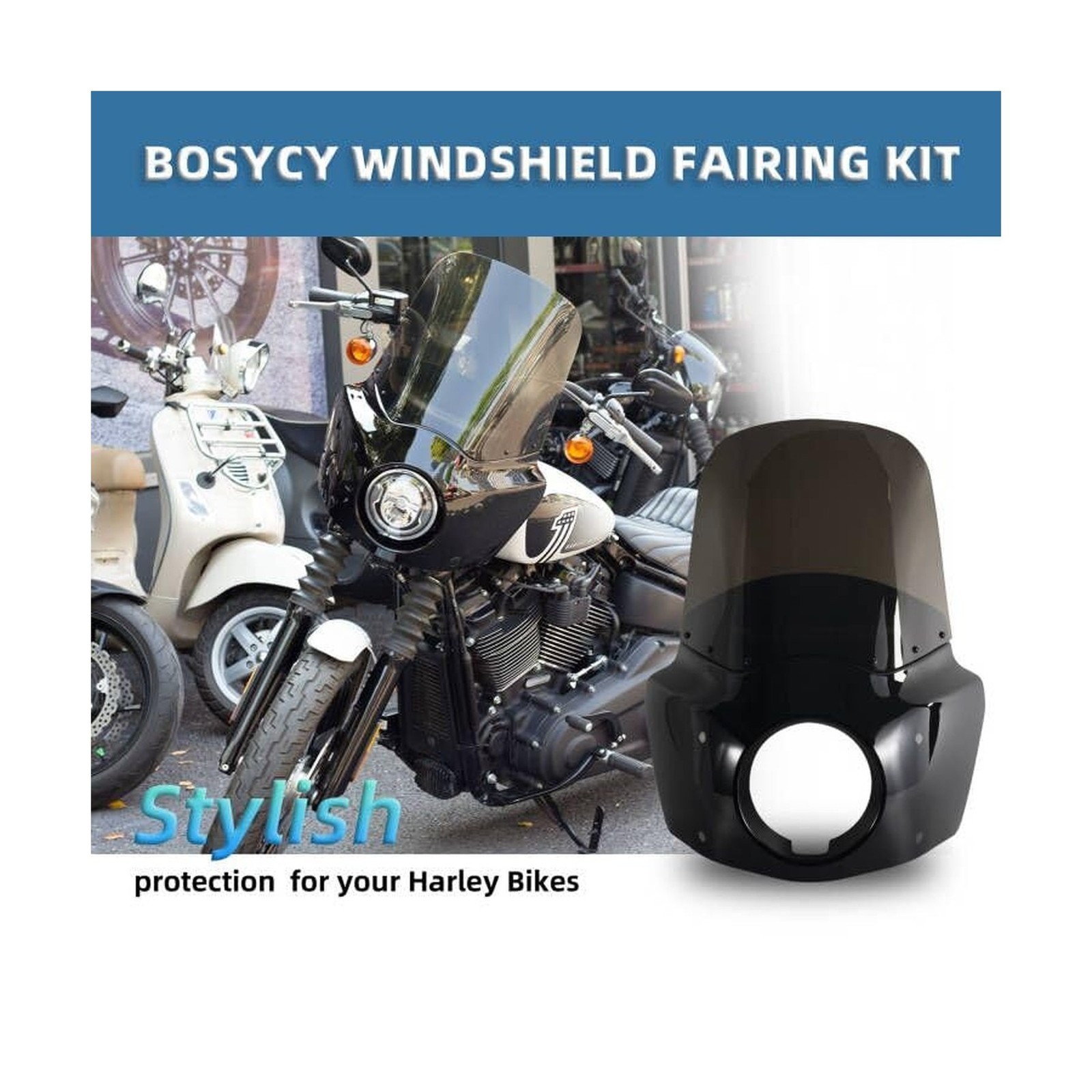 BOSYCY Motorcycle Fairing Windshield Kit, 5.75″ Headlight Fairings 48-58mm Fo…