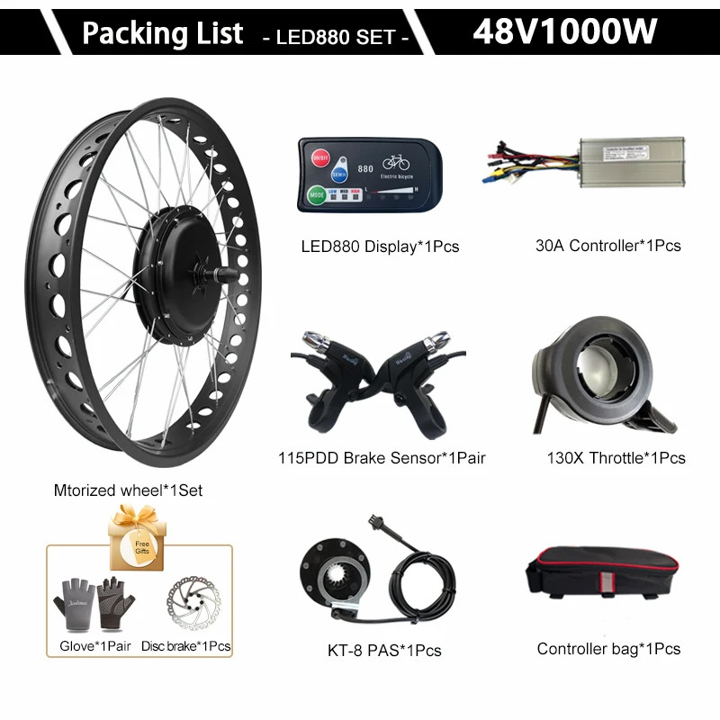 20/24/26inch 48V 1000W Snow E-bike Conversion Kit Gearless Front Wheel Motor