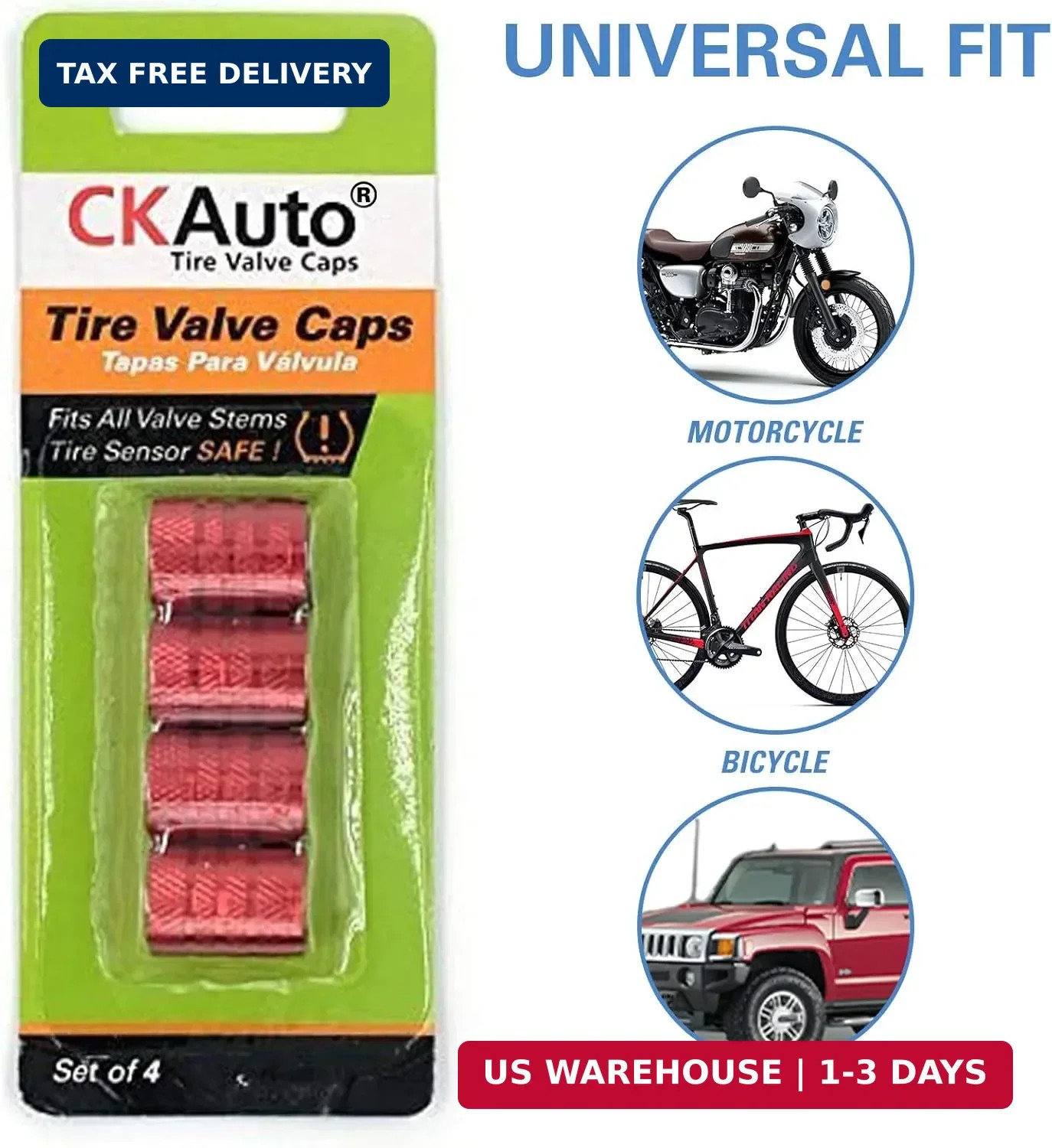 CKAuto Tire Valve Stem Caps, Red, 4 pcs/Pack, Anodized Aluminum Tire Valve Cap S