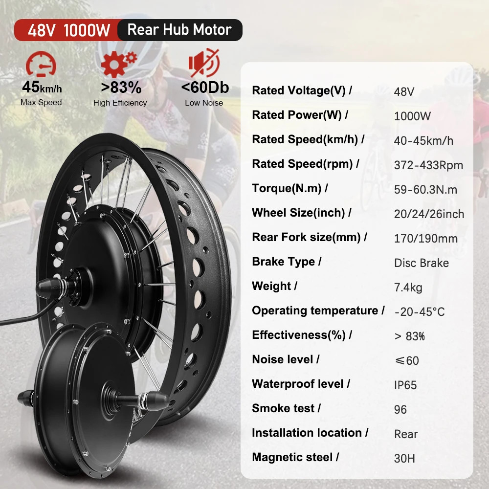 E-bike Conversion Kit 48V 1000W 4.0Tyre Brushless Rear Rotate Hub Motor Wheel