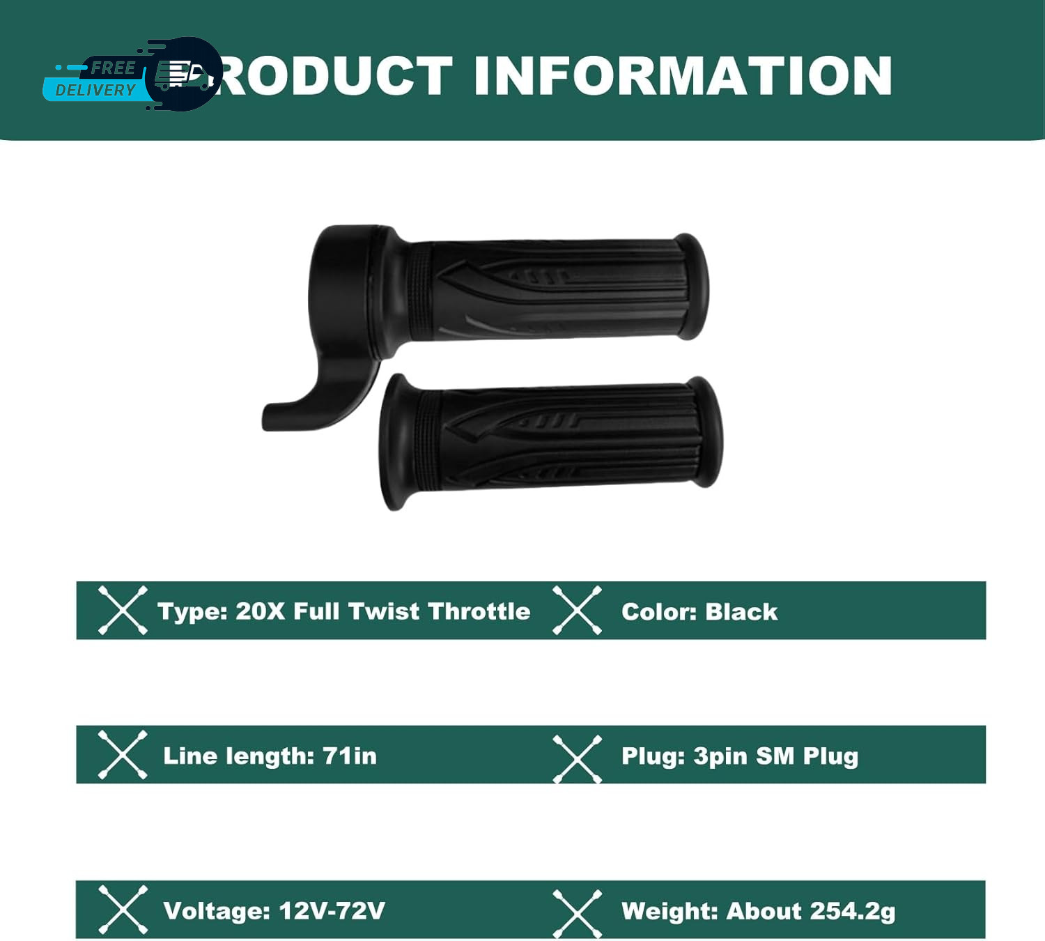 Ebike Full Twist Throttle 12V-72V 3Pin SM Connector Ebike Throttle with 71″ Wire