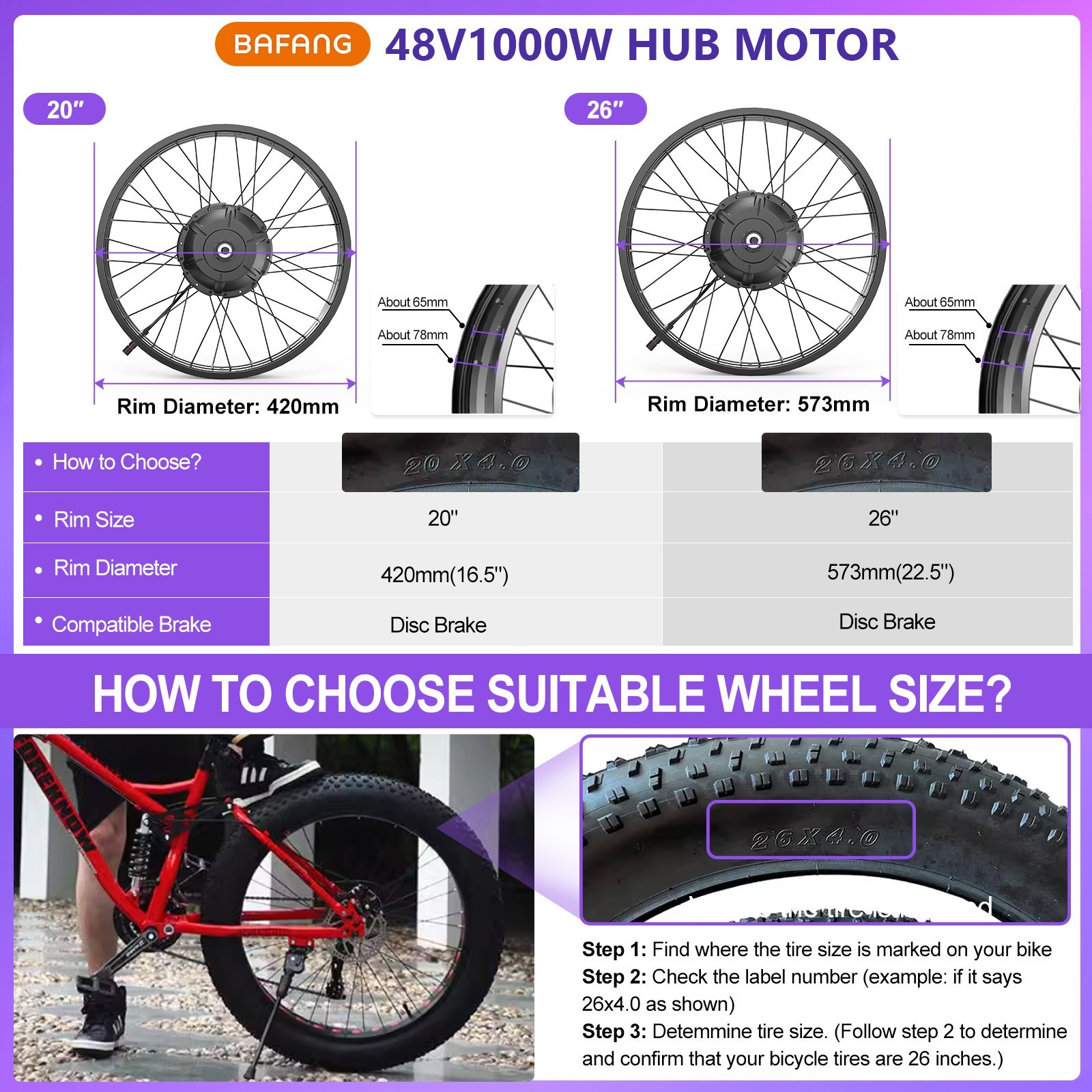 BAFANG 48V1000W Rear Wheel Hub Motor 20″ 26″ EBike Conversion Kits for Fat Tire