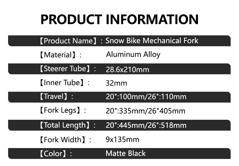Snow E-bike Supension Air Fork 20/26inch Fat Tire MTB Front Fork 100mm Travel