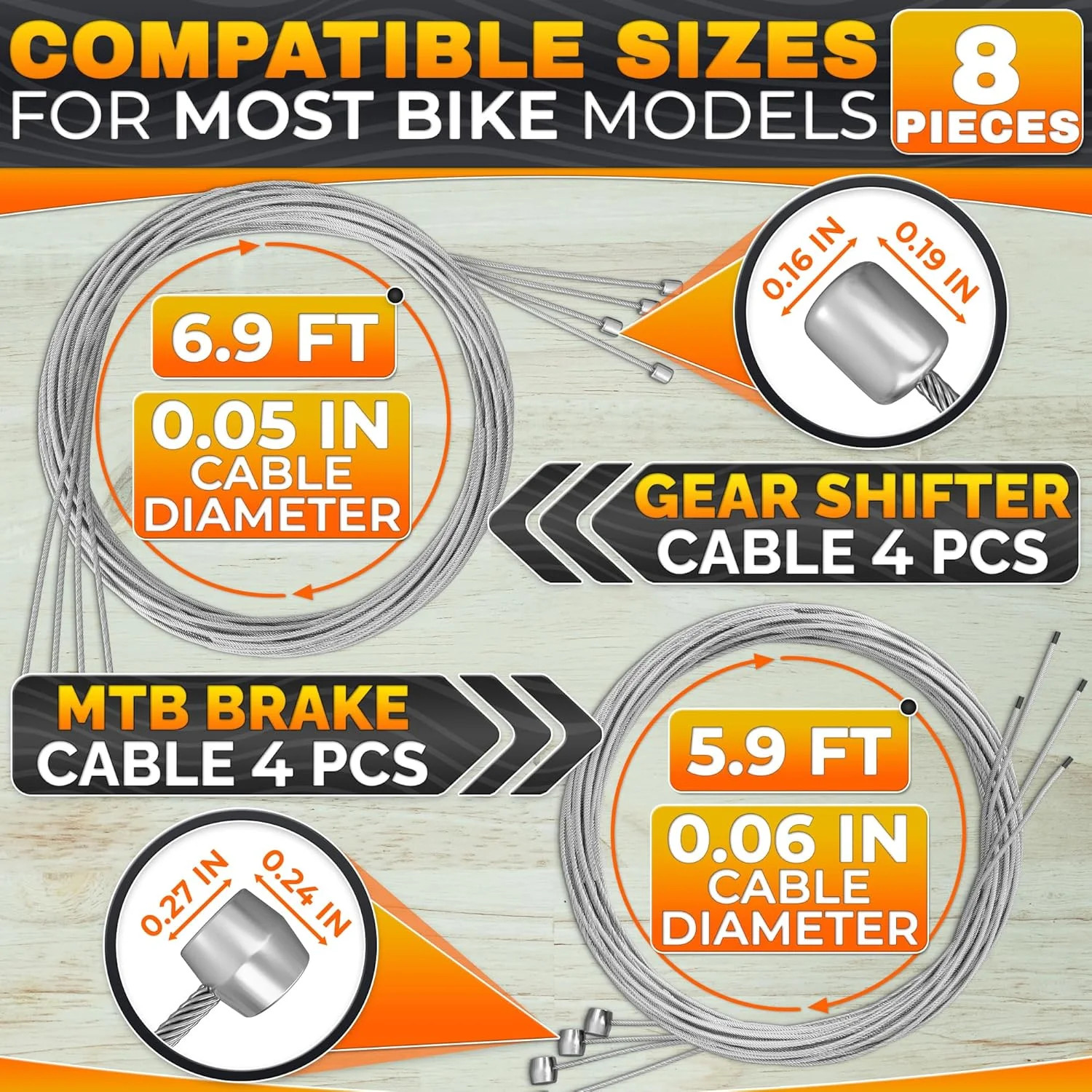 8 Pcs Bike Brake Cable Kit with Bike Shifter Cable – Stainless Steel Wire Set, C