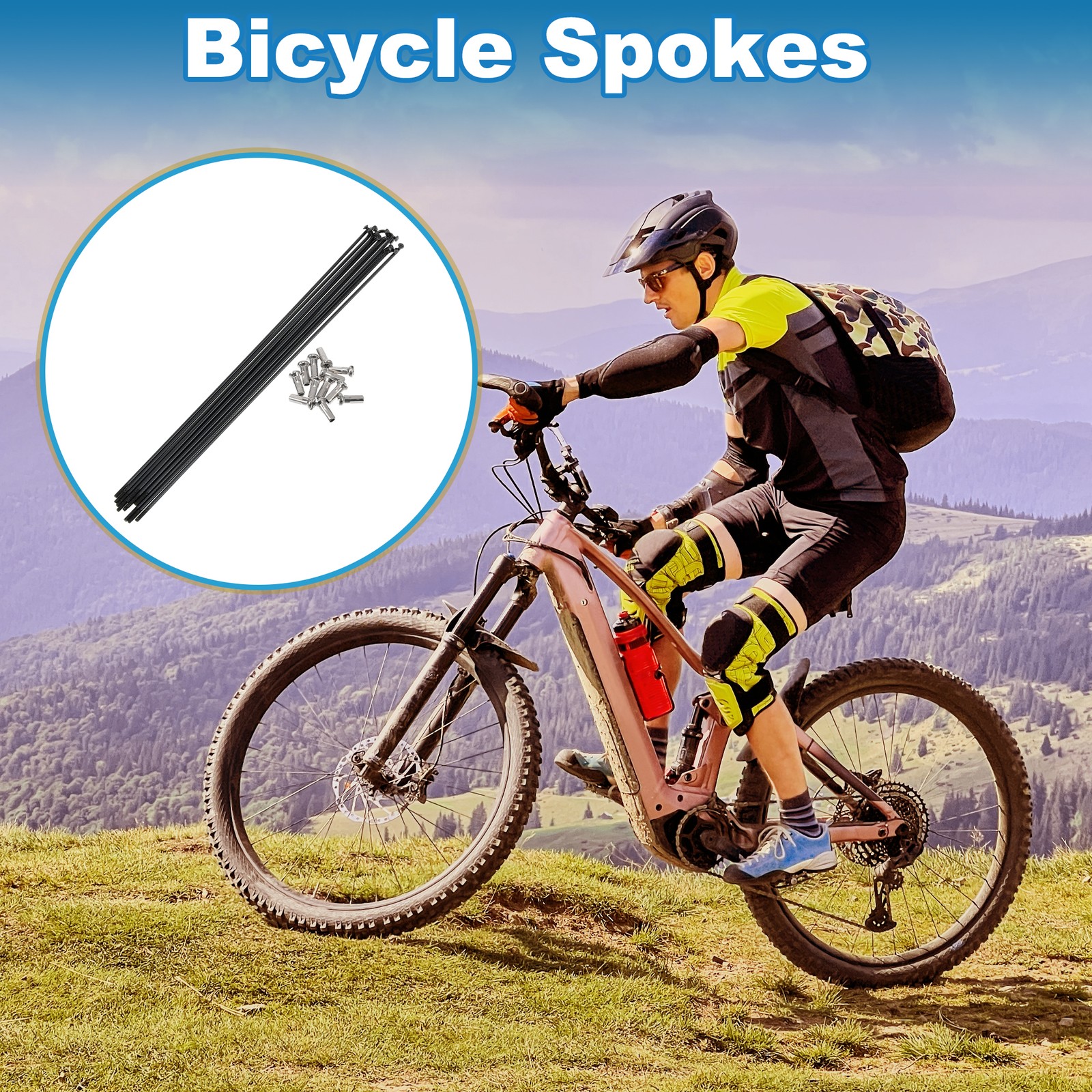 1 Set 14G 225mm Length Bicycle Spokes Nipple 304 Stainless Steel Black Universal