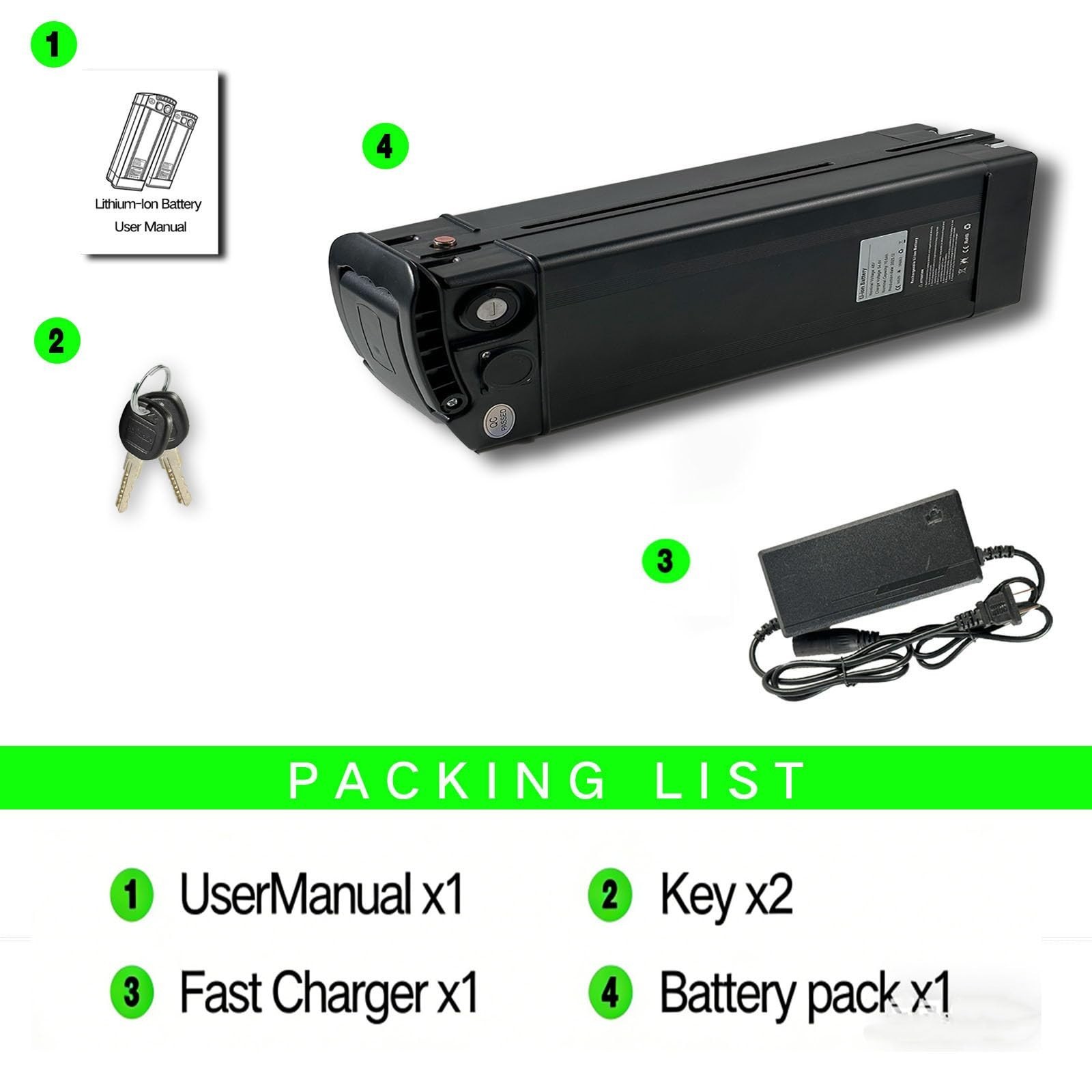 48V Lithium Battery, 20AH/13AH, with 30A BMS, No Bottom Connection Port