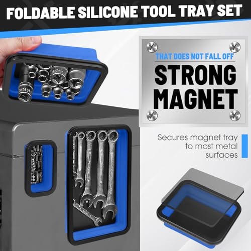 Magnetic Tool Trays 3-Pack – Collapsible Parts Holder | Strong Rubber Blue