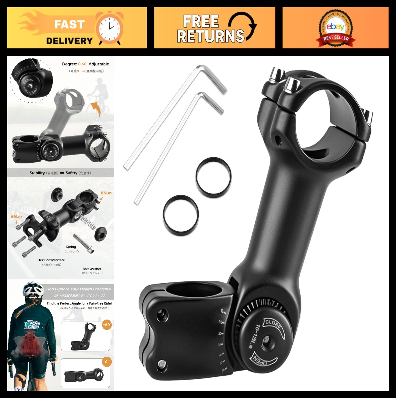 Adjustable Bike Stem 25.4/31.8mm Riser Extender 90/110/130/145mm for MTB/Road Cy