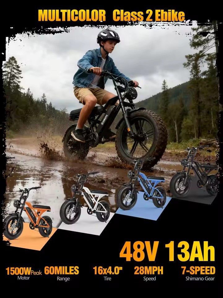 Eskute V100 Electric Bike 1500W Peak 28MPH 48V13Ah Motorcycle 16 X4 Fat Tire New