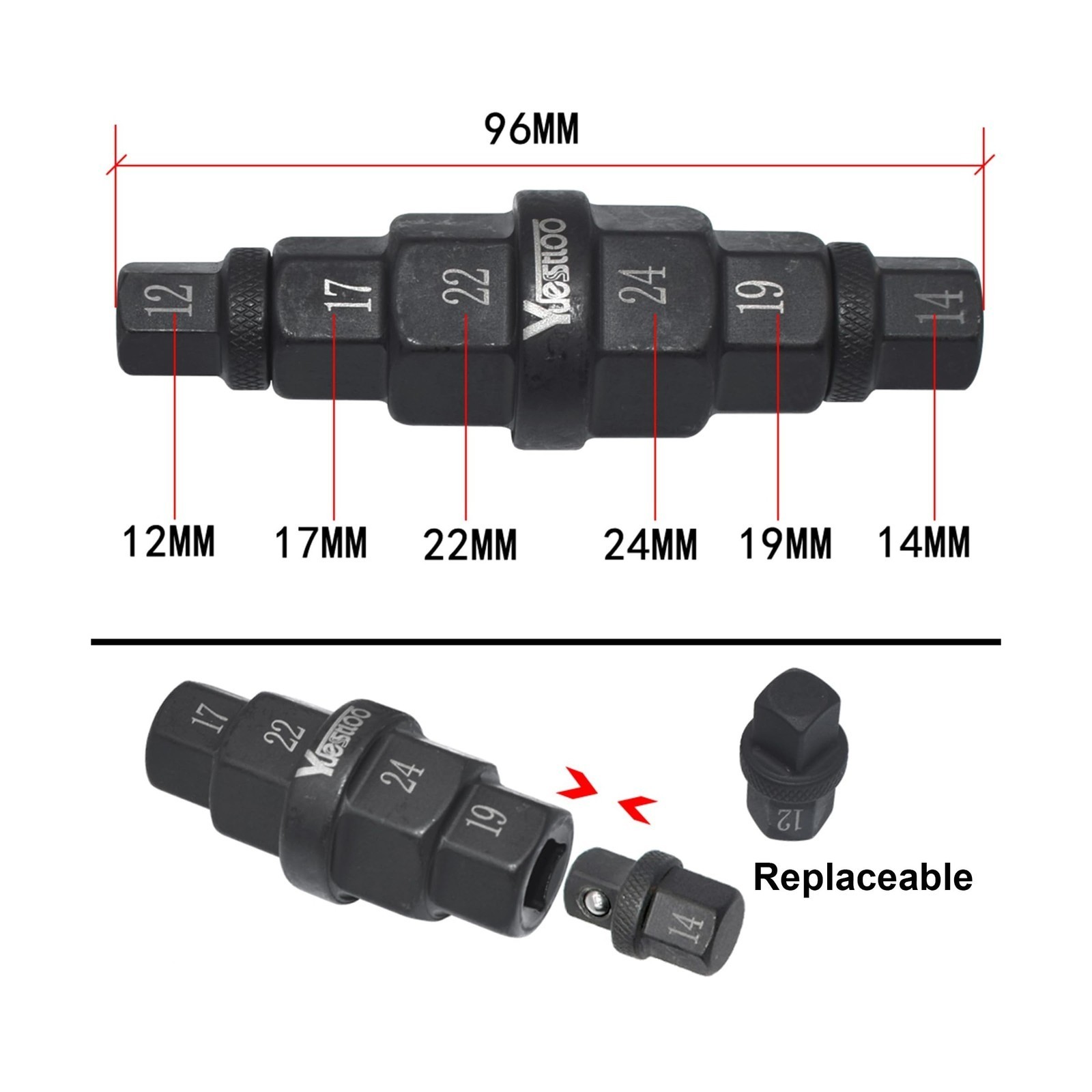 6in1 Hex Axle Tool – For Motorcycle Front Axle, Sizes 12-24mm, 3/8″ Drive