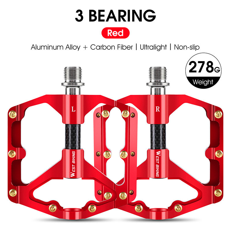 WEST BIKING Aluminum Bicycle Pedals Carbon Fiber Axle 3 Bearing Bike Pedals Red