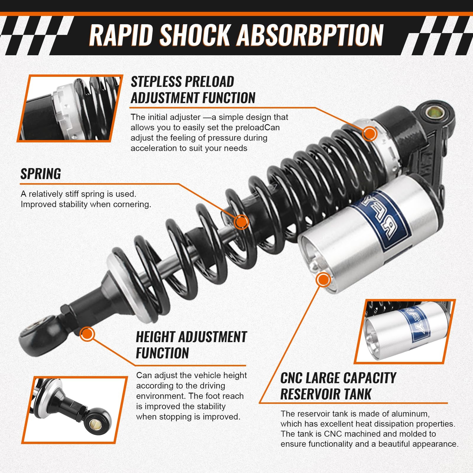 13.5′ 340mm Universal Motorcycle Rear Shock Absorbers Suspension Black Silver