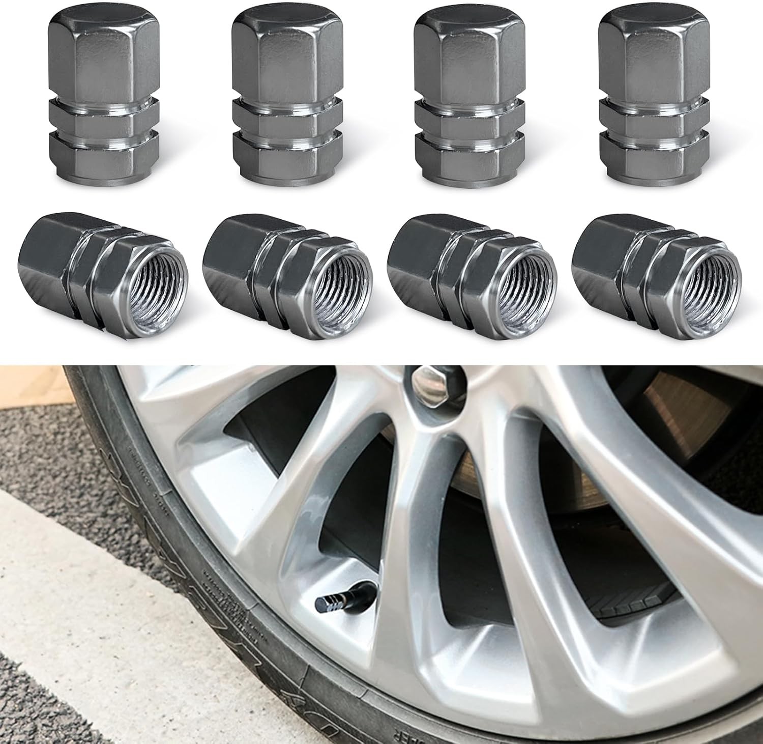 8 PCS Car Tire Valve Stem Caps, Aluminum Alloy Wheel Valve Covers with …(Gray)