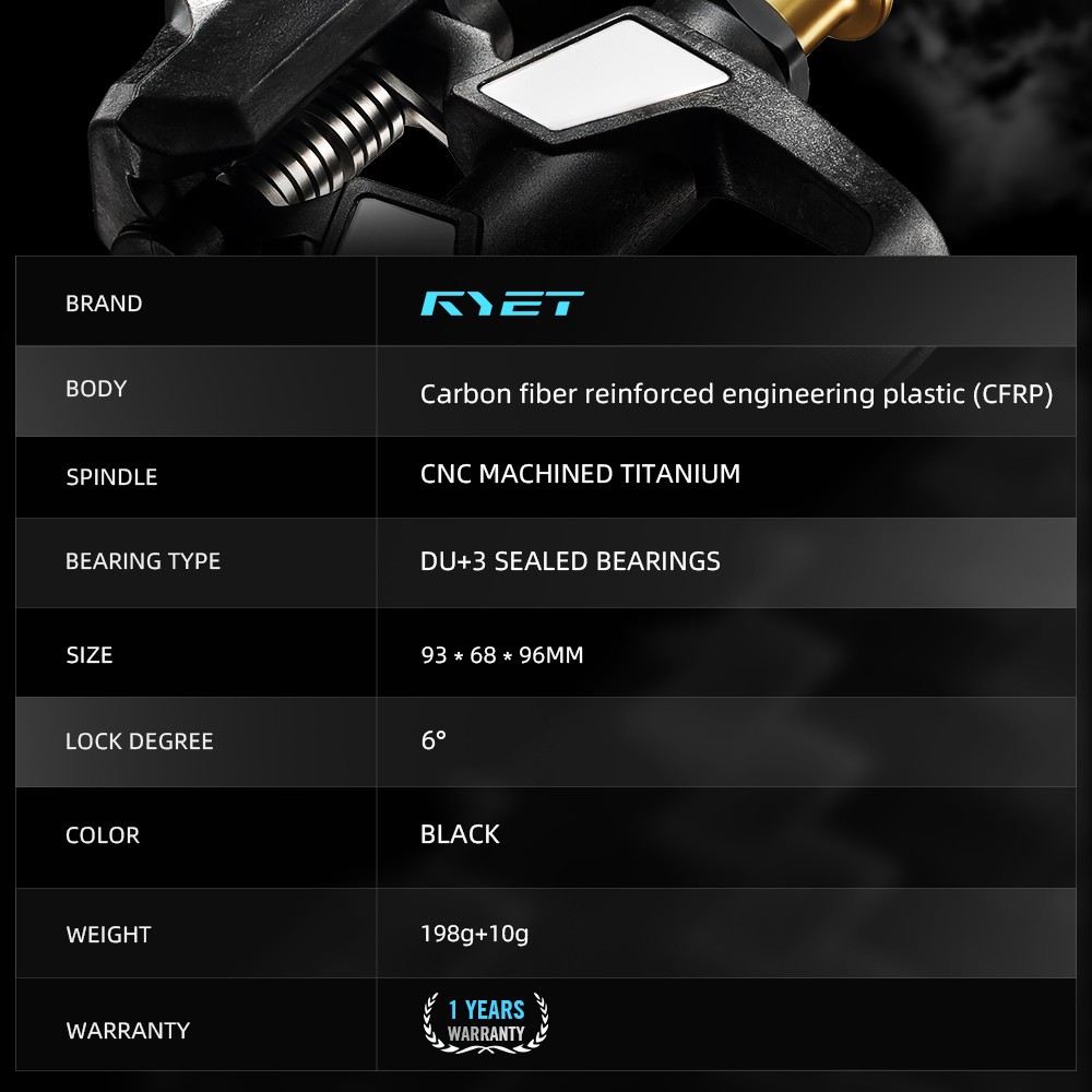 RYET Carbon Road Bike Pedals 198g Titanium Spindle DU Bearings 6° Float SPD