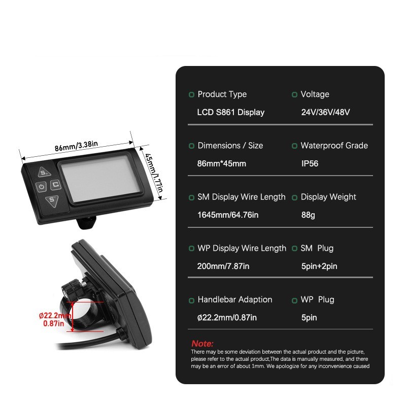 24V/36V/48V E-Bike S861 LCD Meter SM Waterproof plug Battery&Speed Display