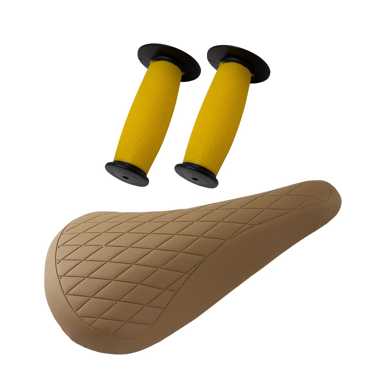 PRO+ Brown Diamond Saddle & Yellow/Black Mushroom Grips BMX BIKE