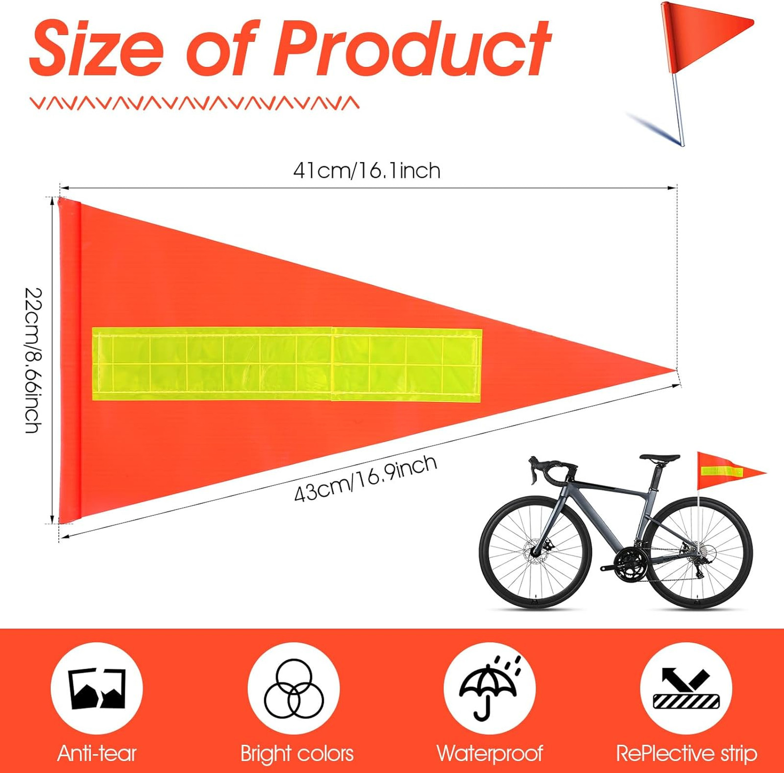 Bike Safety Flag Orange Reflective Strip Waterproof 41x22cm for Bikes Electric