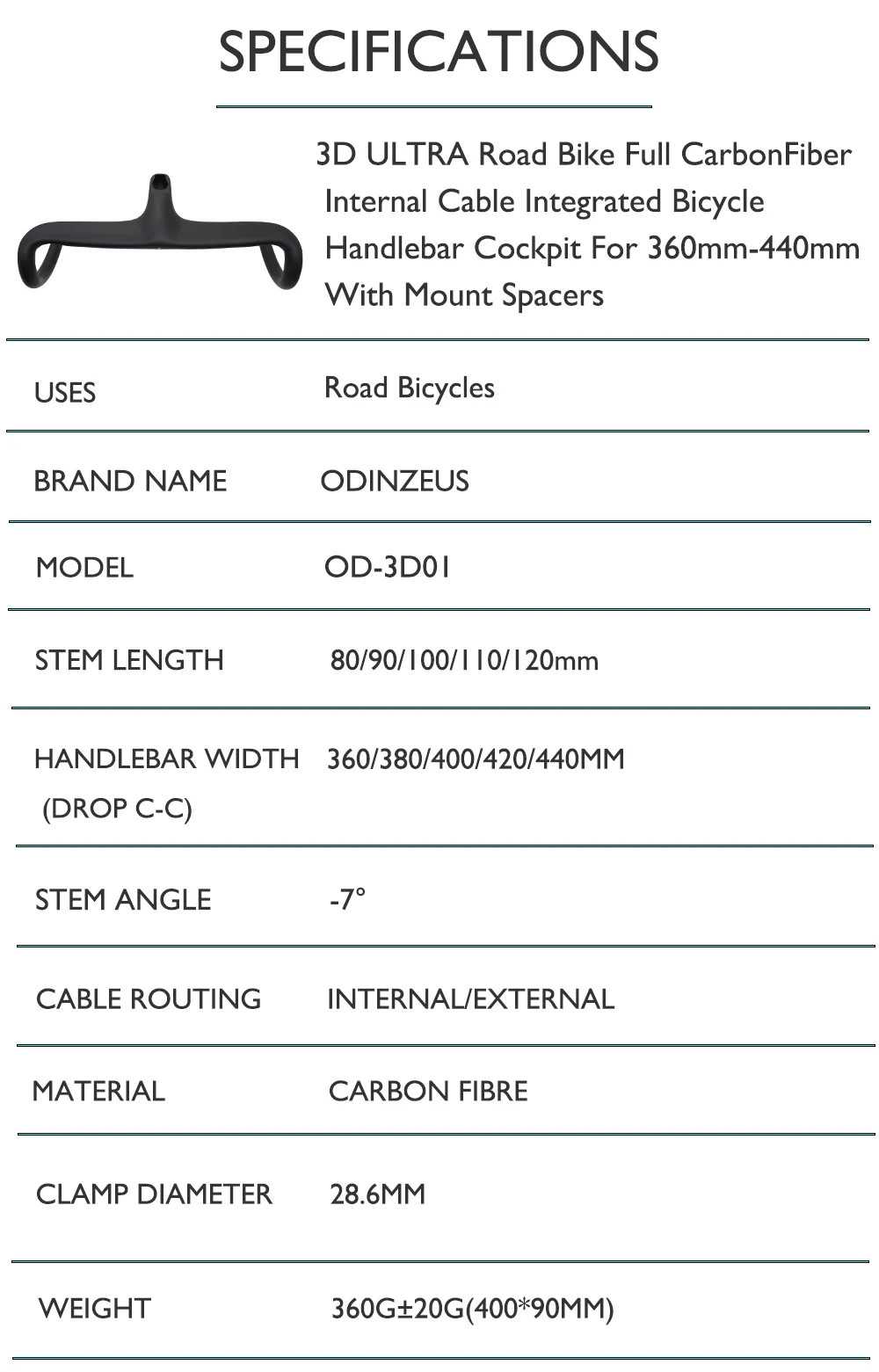 Road Bike Carbon Internal Cable Handlebar Integrated 28.6mm with Spacer Bent Bar