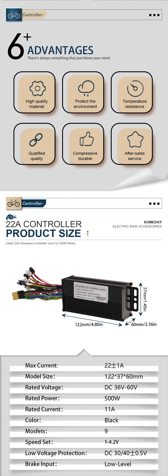 22A E-bike 3 Mode Sinewaves Controller Brushless with Display 36V/48V/52V/60V
