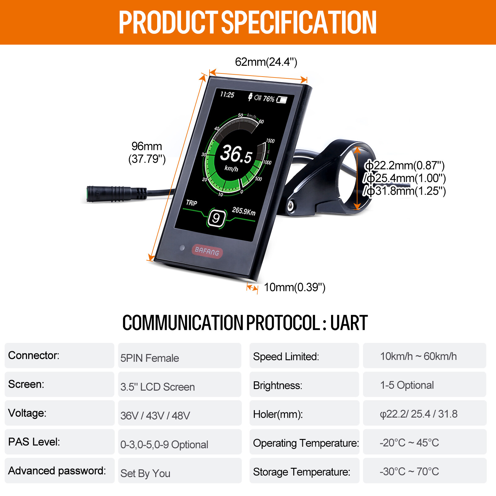 Electric Bike Multi Display EKD01 P860ML UART for Bafang BBS HD Mid Drive Motor