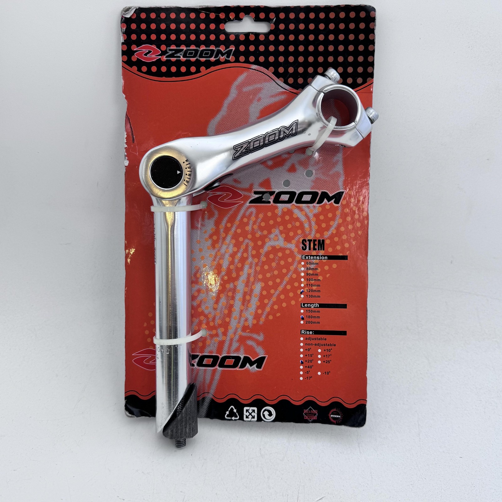 Zoom Quill Stem Adjustable 1 1/8in 25.4 120mm X 180mm +20° Rise Silver Bike A69