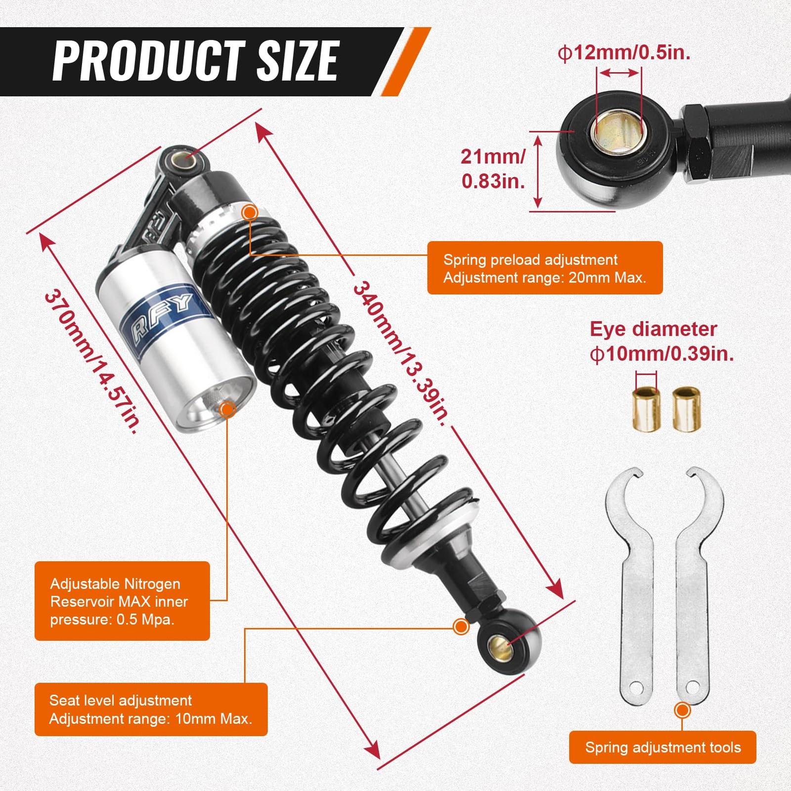 13.5′ 340mm Universal Motorcycle Rear Shock Absorbers Suspension Black Silver