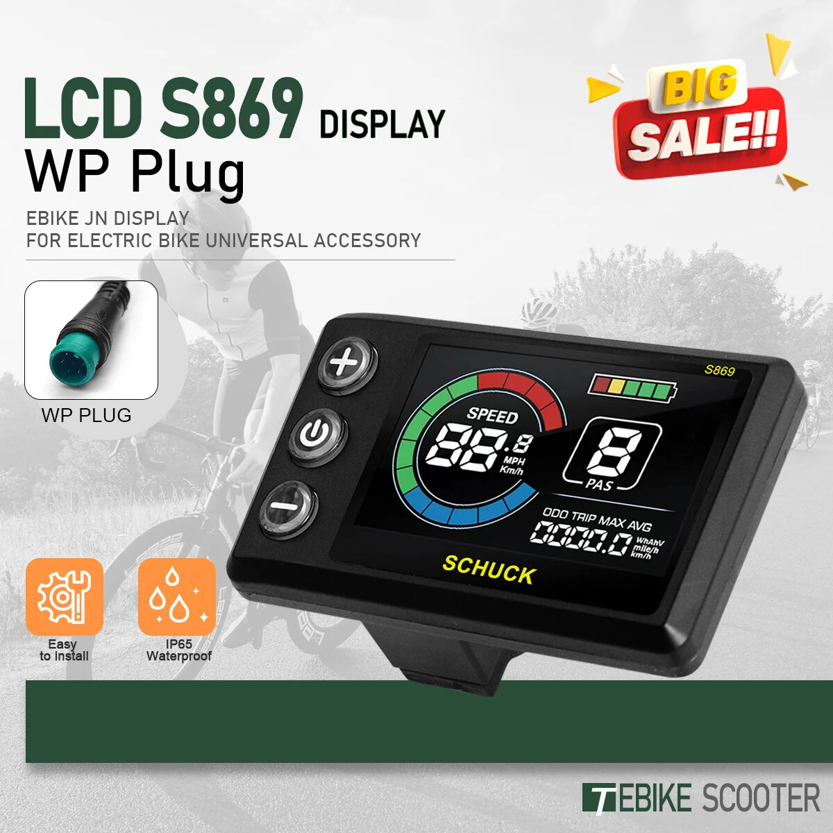 E-bike Display LCD S869 24V/36V/48V/52V/60V/72V SM/Waterproof Plug Display