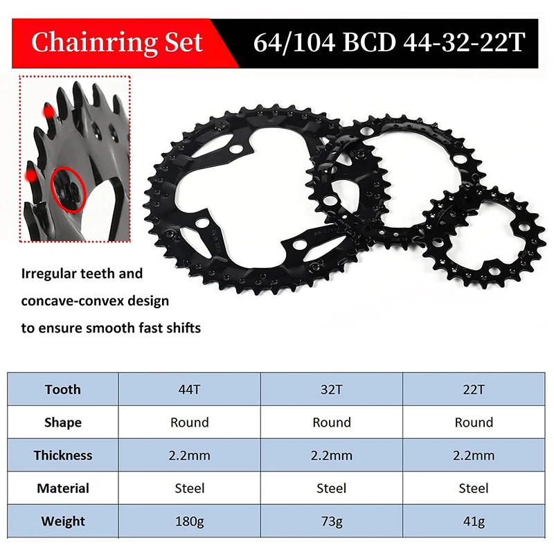 104/64 BCD Bicycle Chainring 22T 24T 26T 32T 38T 42T 44T MTB Chainring 9S 10S Mo