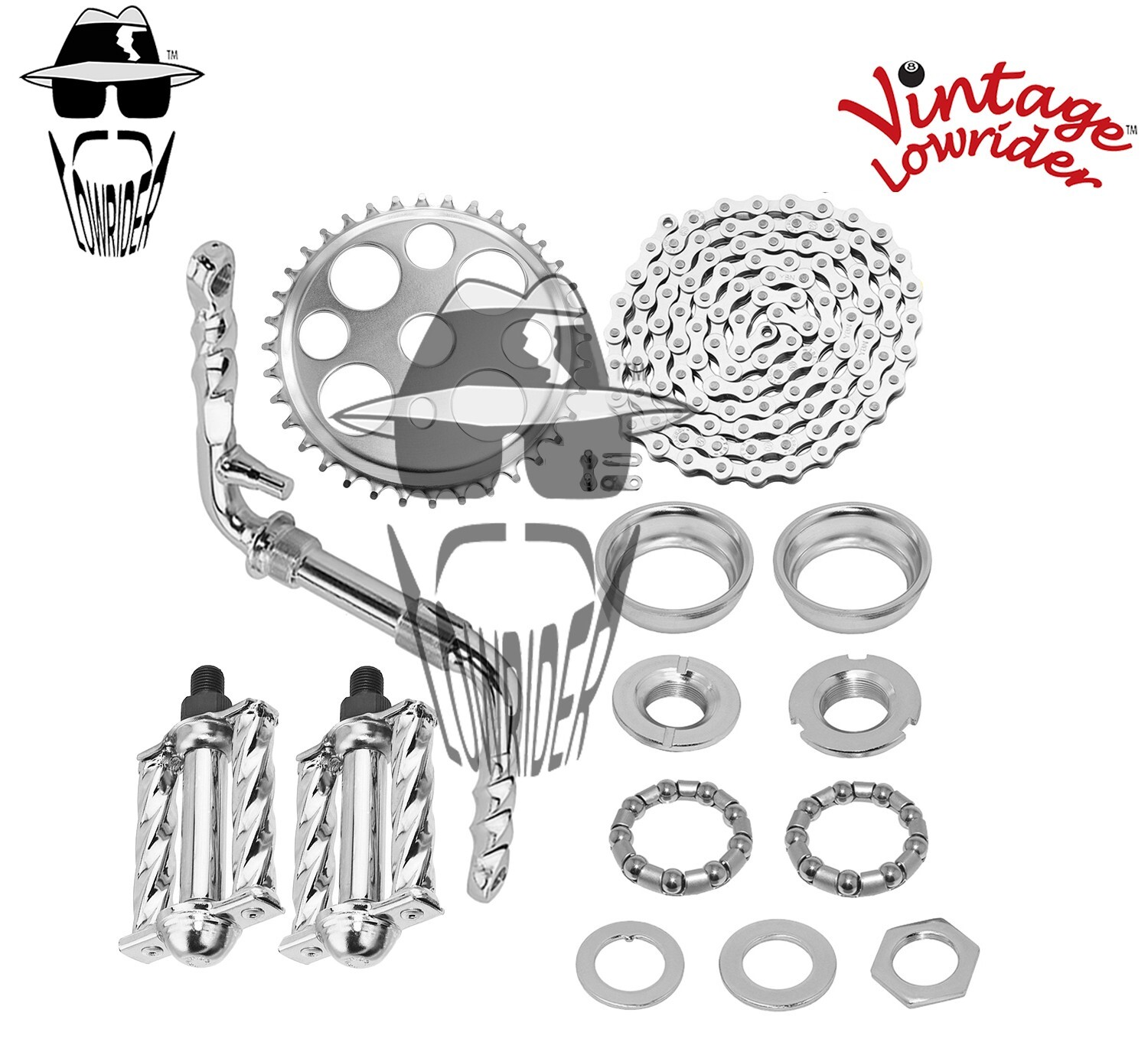 Vtg LOWRIDER – Twisted CRANK PKG – Lucky 7 Mini Square Twisted Pedal Chrome