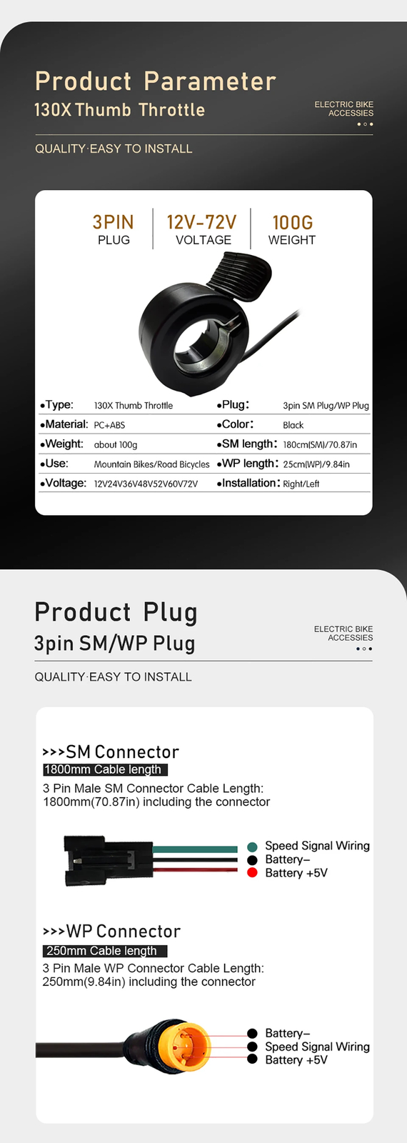 Thumb Throttle 3 Pin WP/SM Plug Connector for 24-72V E-Scooter/bike Accelerator