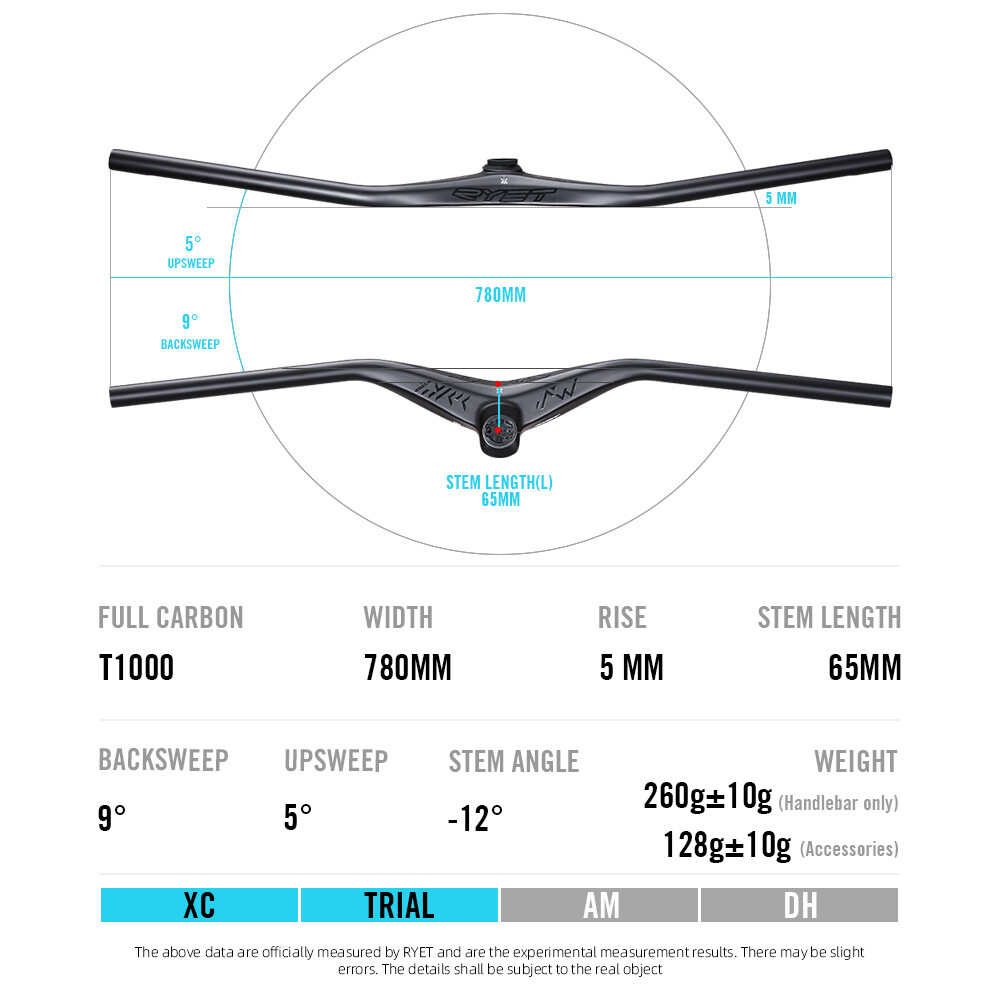 T1000 MTB XC Bicycle Carbon Full Inner Cable Integrated Handlebar 780mm -12°