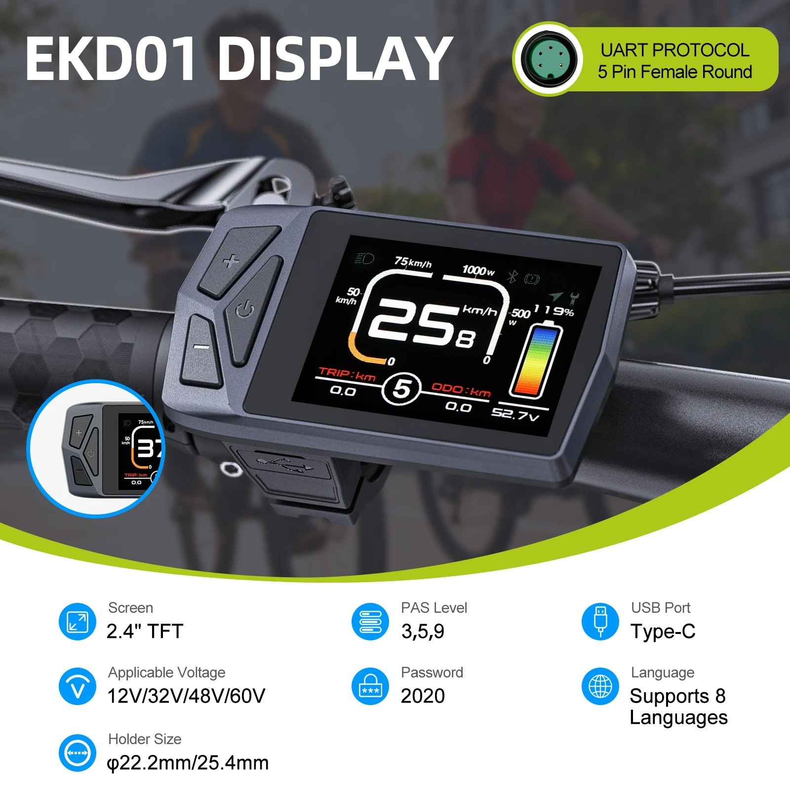 E-Bike LCD Display 36V 48V 52V Bluetooth Compatible with UART Protocol Hub Mid